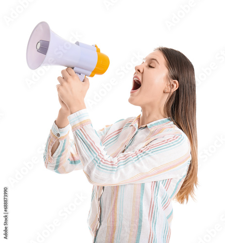 Young woman shouting into m...