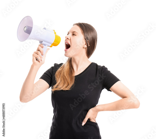 Young woman shouting into m...