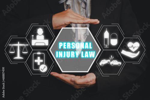 Personal injury law concept, Business woman hand holding personal injury law icon on virtual screen. photo