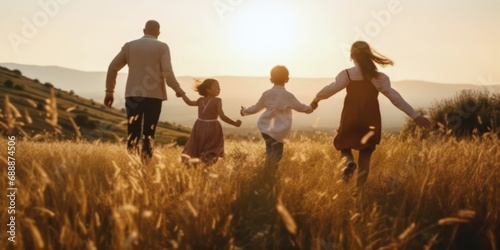 Happy family run in sunset, outdoor vacation concept