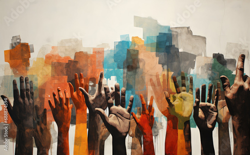 Illustration of protesters raising hands in their fight for equality, human rights, freedom, environmental awareness and peace. photo