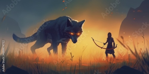 hunter with a bow versus giant beast wolf