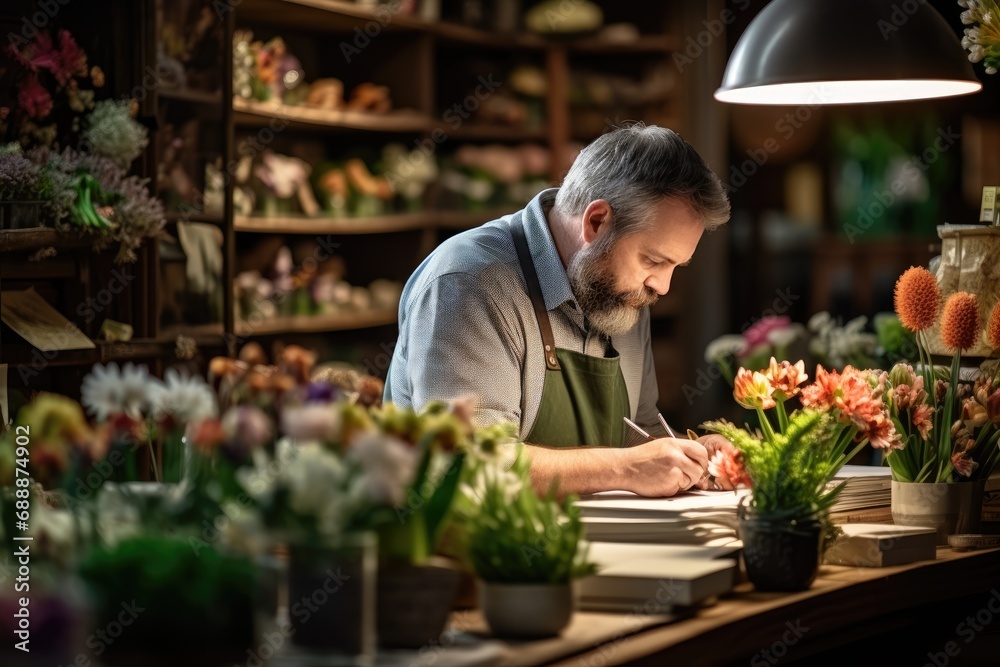 Business in Bloom: A Florist Engaged in Taking Notes and Conducting Inventory, Skillfully Managing Floral Arrangements in the Retail Space of the Flower Shop.
Business in Bloom: A Florist Engaged in Taking Notes and Conducting Inventory, Skillfully Managing Floral Arrangements in the Retail Space of the Flower Shop.