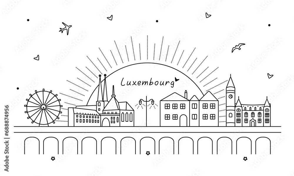 Luxembourg black and white vector banner, monochrome illustration of a city landmark, landscape, panorama