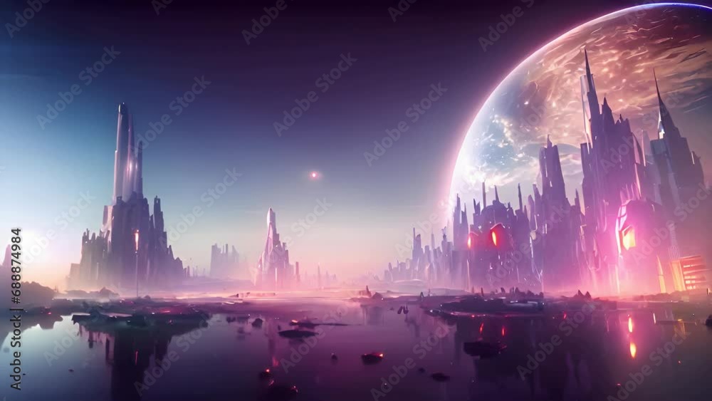 Lofi Cyberpunk Cityscape Skyline with Sunlight. Looping. Animated Background / Wallpaper. VJ / Vtuber / Strea is mer Backdrop. Seamless Loop.