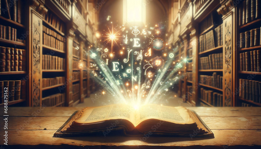 Old Book With Magic Lights And Bright Letters On Aged Table In Defocused Library Old Book With Magic Lights And Bright Letters On Aged Table In Defocused Library