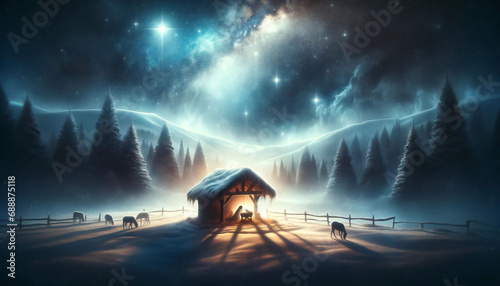 Nativity Scene - Birth Of Jesus Christ With Manger In Snowy Night And Starry Sky - Abstract Defocused Background