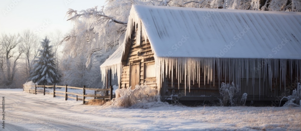 Icicles seen with cabin in background. Icicles seen with cabin in background.