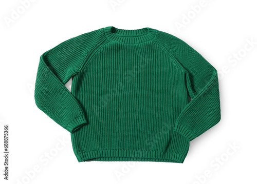 Stylish green knitted sweater isolated on white, top view