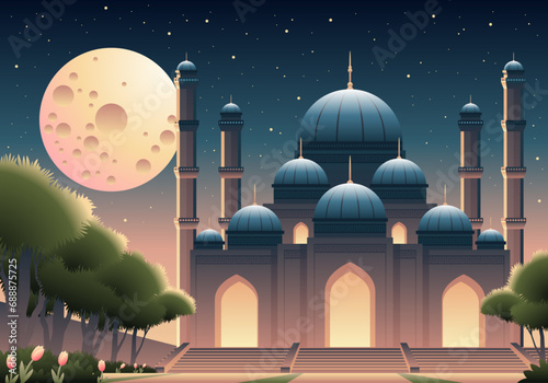 Beautiful Mosque With Big Moon Landscape Illustration