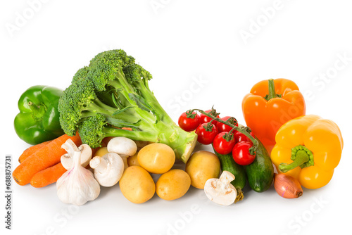 Fresh vegetables with mushrooms on white background