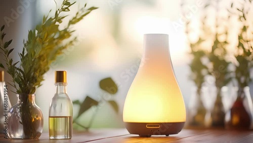 Closeup of a sleek and modern aromatherapy diffuser spreading the soothing aroma of eucalyptus essential oil. photo