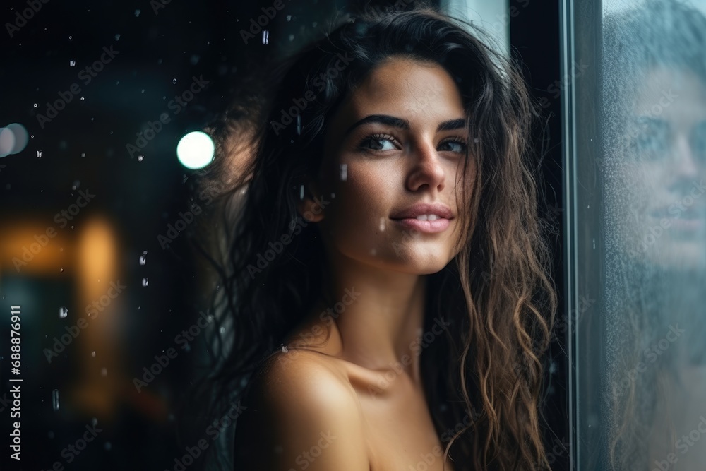 Mysterious Elegance: Sensual Charisma of a Beautiful Woman Gazing Behind a Rainy Window, Infusing Allure into the Décolletage in the Enigmatic Atmosphere.




