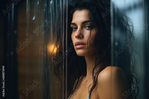 Mysterious Elegance: Sensual Charisma of a Beautiful Woman Gazing Behind a Rainy Window, Infusing Allure into the Décolletage in the Enigmatic Atmosphere.