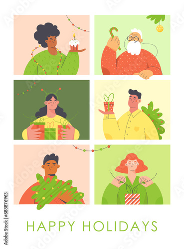 Christmas and New Year's themed card design with people characters. Winter holidays season celebration flat vector illustration. © Alena