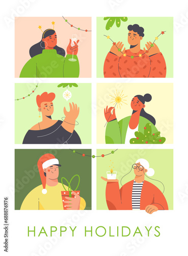 Christmas and New Year's themed card design with people characters. Winter holidays season celebration flat vector illustration.