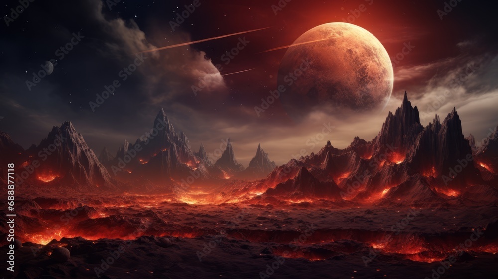 A mountain range of red mountains on a magical planet A mountain range of red mountains on a magical planet