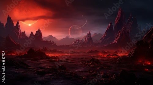 A mountain range of red mountains on a magical planet
