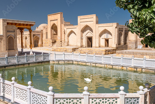 Pool with a swan in necropolis Chor-Bakr in Bukhara, Uzbekistan.