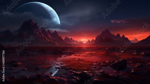 A mountain range of red mountains on a magical planet photo