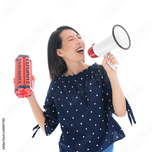 Asian woman with megaphone ...