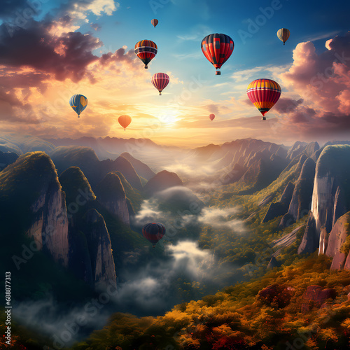 A cluster of hot air balloons drifting over a valley.