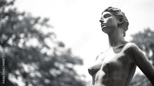Marble statue in a park, black and white color, background. Sculpture.
