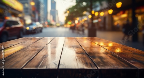 Empty wooden table with blurred street background