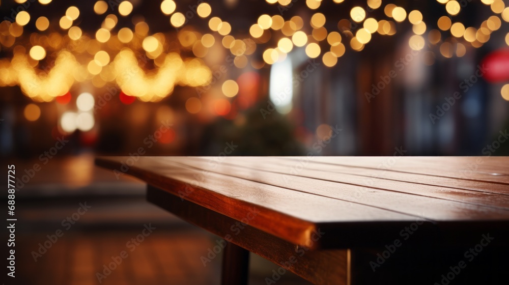Empty wooden table with blurred Christmas background