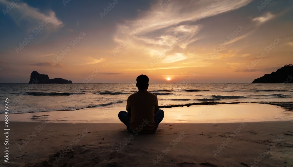 A man sitting on the beach and looking at the sunset.