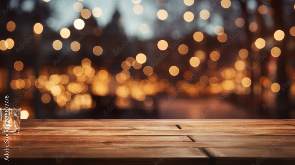Empty wooden table with blurred Christmas background Empty wooden table with blurred Christmas background