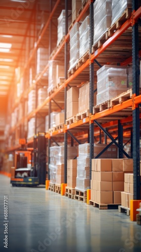 Retail warehouse full of shelves with goods in cartons, with pallets and forklifts. Logistics and transportation blurred background. Product distribution center