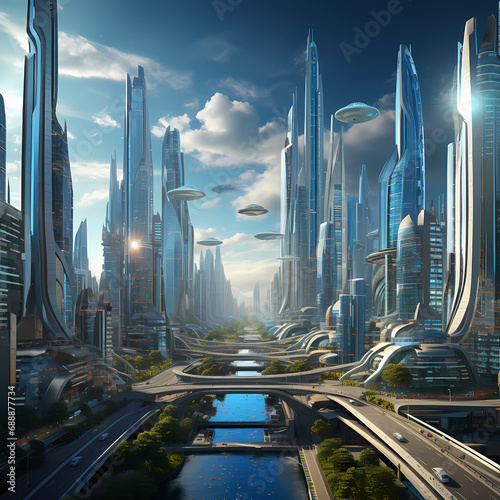 A futuristic city with high-tech skyscrapers
