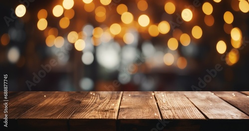 Empty wooden table with blurred Christmas background