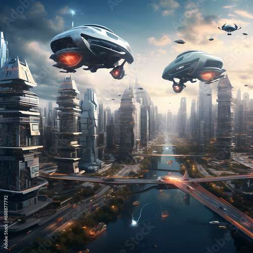 A futuristic cityscape with flying drones.