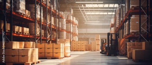 Retail warehouse full of shelves with goods in cartons, with pallets and forklifts. Logistics and transportation blurred background. Product distribution center photo