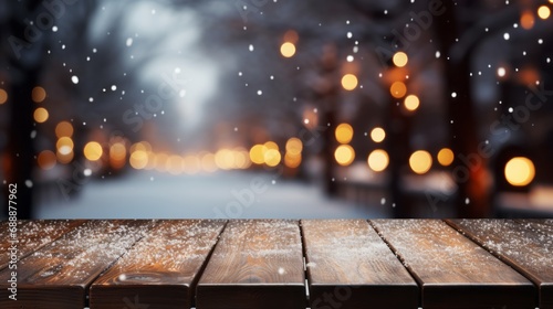 Snowy empty wooden table with blurred Christmas background
