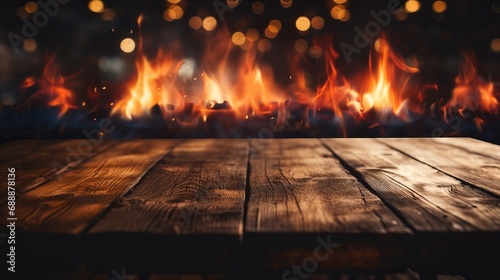 Empty wooden table with blurred burning fire photo