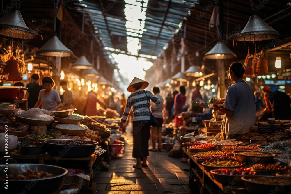 Market Vibrance: A Busy Morning Market in Da Nang at Sunset, Captured in a Dynamic Shot, with Shoppers Navigating Narrow Aisles Filled with Local Delicacies and Household Goods.

