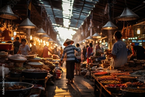 Market Vibrance  A Busy Morning Market in Da Nang at Sunset  Captured in a Dynamic Shot  with Shoppers Navigating Narrow Aisles Filled with Local Delicacies and Household Goods.  
