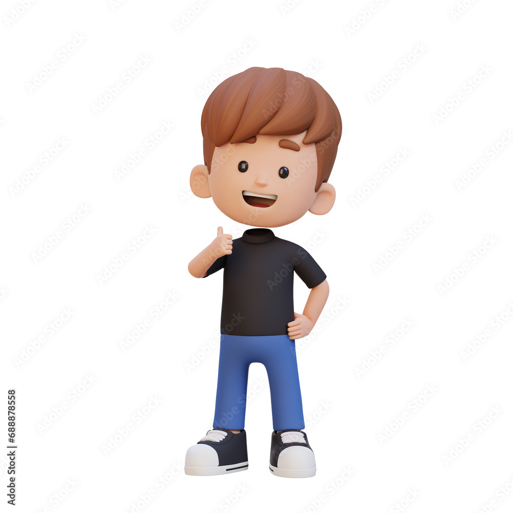 3D kid character give a thumb up with cute happy face