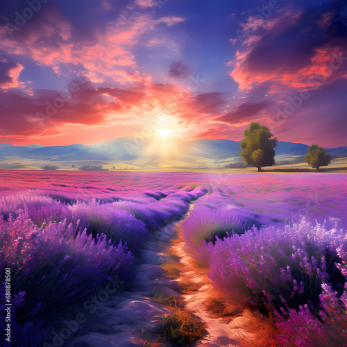 A pathway through a vibrant lavender field. © Cao