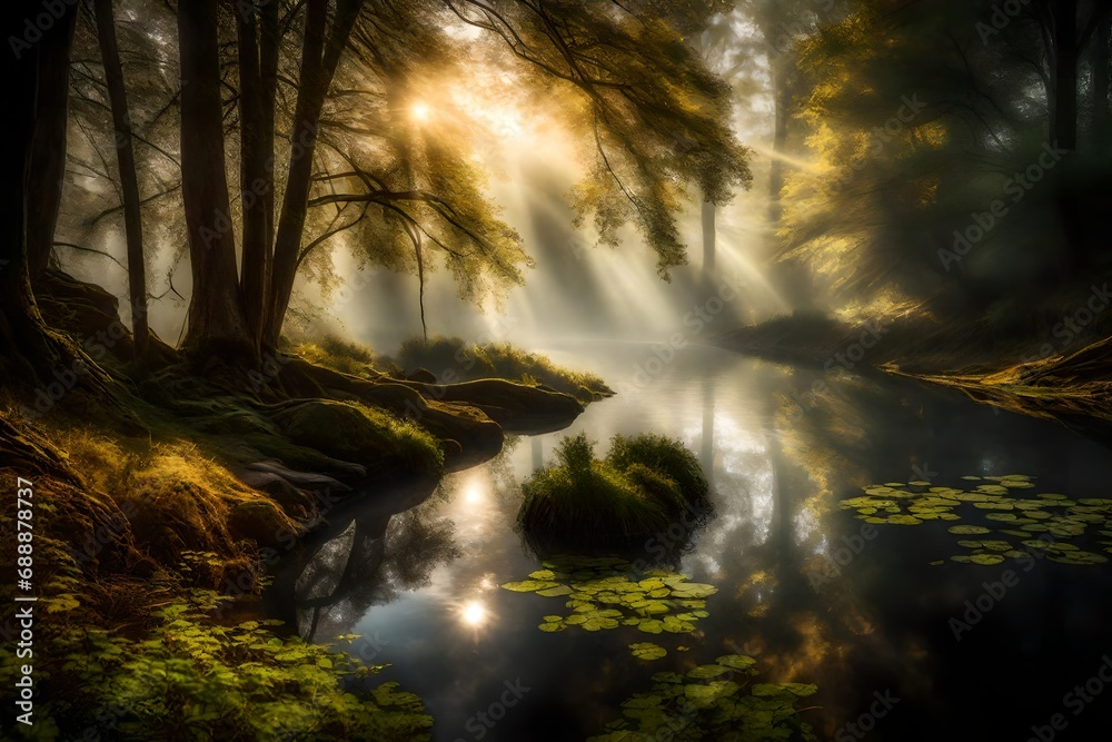 A misty morning on a tranquil river with sunlight filtering through trees