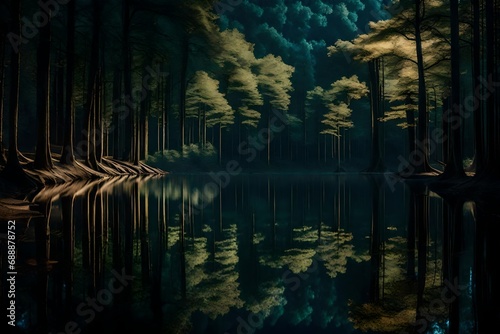 Moonlit reflections on a glassy lake amidst a dense, ancient woodland 