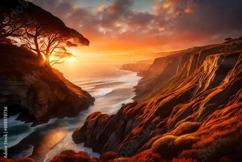 A breathtaking coastal cliffside bathed in the warm glow of sunrise © AI ARTISTRY