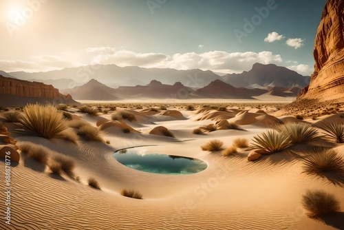 A tranquil oasis in the heart of a vast, sun-drenched desert landscape 