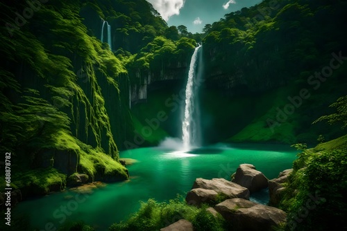 Valokuva Majestic waterfall cascading down a lush, emerald-green mountainside