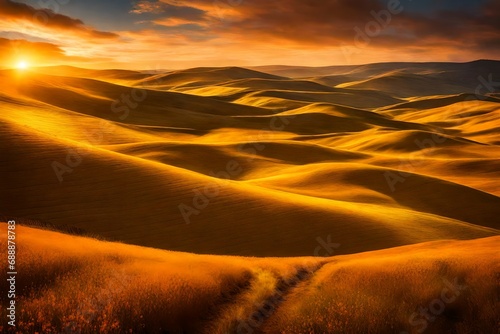 Rolling hills blanketed in golden sunlight beneath a cotton candy sky © Ibrar Artist