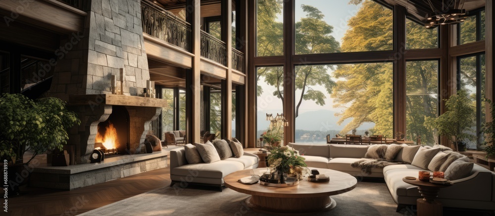 Fototapeta premium Luxurious home with high ceilings, wooden beams, fireplace, elegant decor, and beautiful tree and sky view through large windows.
