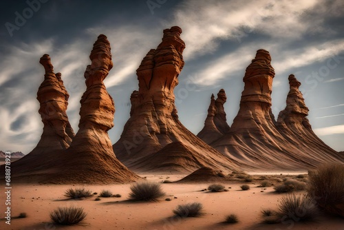 Stark, otherworldly rock formations standing against a clear desert sky